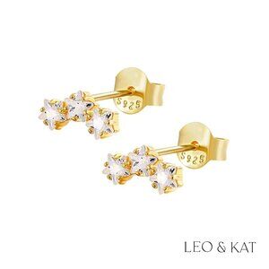 Tri Zircon Stars Gold Stud Earrings. 925 Sterling Silver. #1034